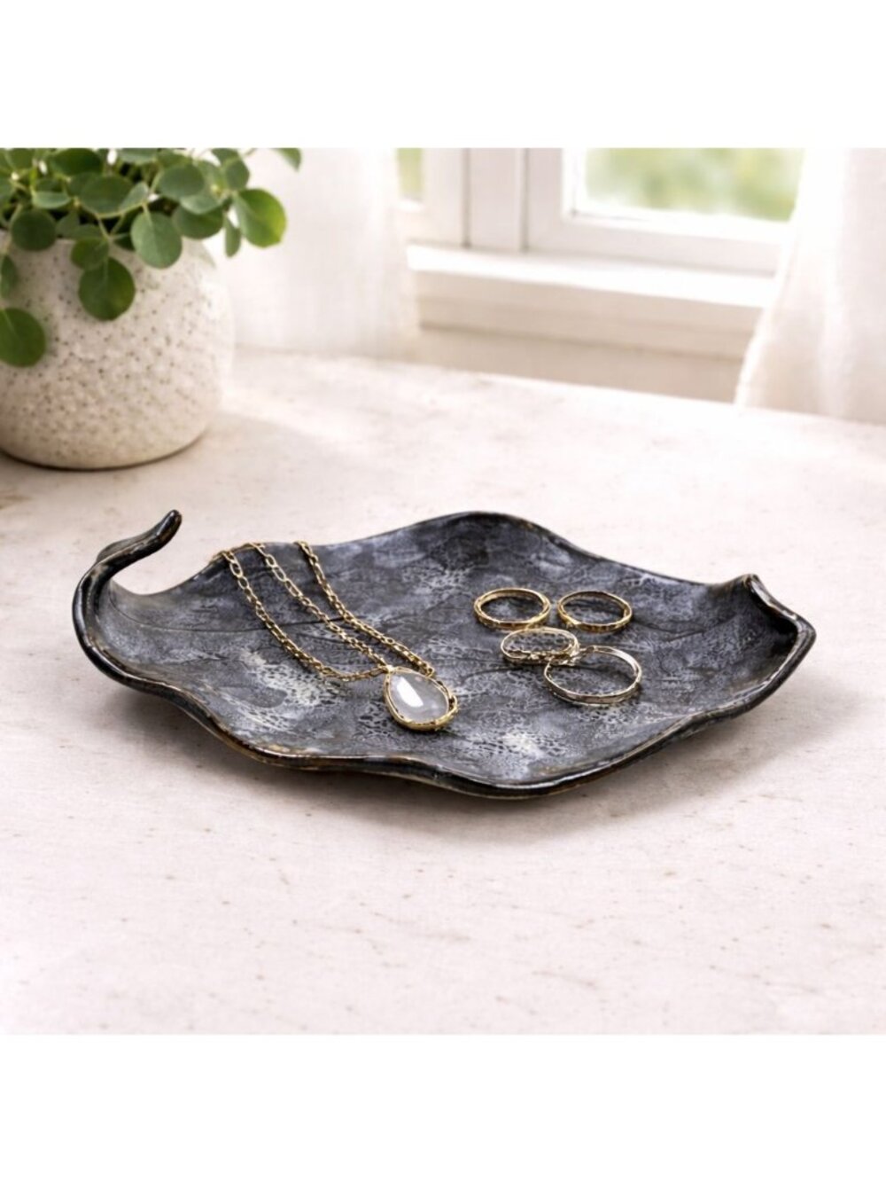 Handcrafted Ceramic Leaf-Shaped Jewelry Tray Black Glaze 10.5" Long Textured Sur